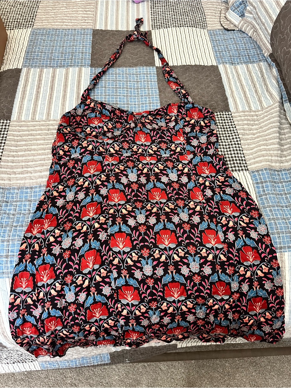 Free People Black Floral-Print halter dress  with Pink & Red Accents